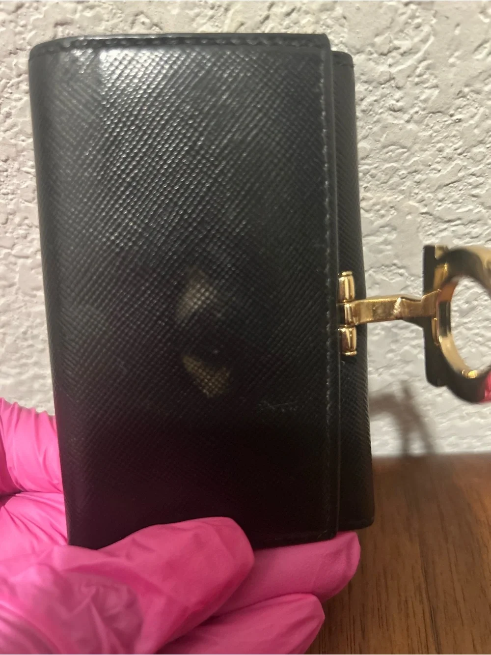 Salvatore Ferragamo Black Leather Key & Card Holder with Gold Gancini